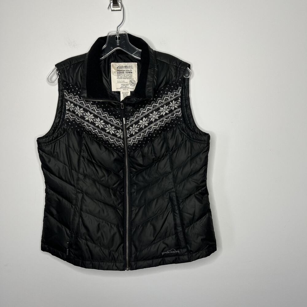 Eddie Bauer Vest Womens Large Premium Goose Down‎ Quilted Nordic Pattern Zip